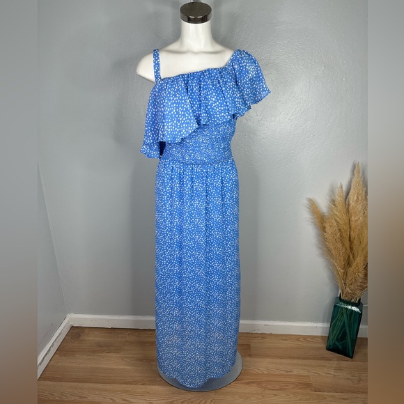 Lane Bryant One Shoulder Ruffle Maxi Dress Polka Dots Blue Plus Size 18/20 NWT - Picture 2 of 13